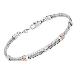 Bracciale cavetto in acciaio con maglie rosè godronate e Diamante Naturale 0,015 ct