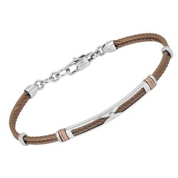 Bracciale cavetto in acciaio PVD marrone con maglie rosè godronate e Diamante Naturale 0,015 ct