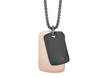 Black PVD steel necklace, black and rosé PVD knurled plates with Natural Ruby (0.027 ct)
