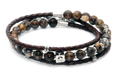 Stainless steel bracelet with natural Jasper stones and a double turn brown leather braid