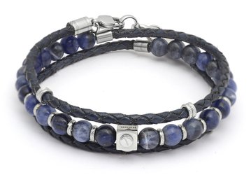 Stainless steel bracelet with natural Sodalite stones and a double turn blue leather braid