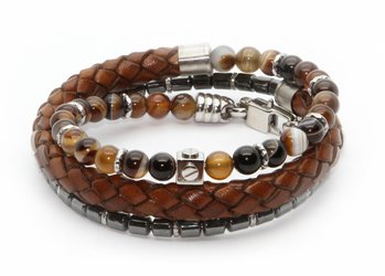 Stainless steel bracelet with natural Agate Brown and Hematite stones with brown braided leather