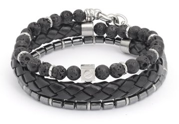 Stainless steel bracelet with natural Lava and Hematite stones with black braided leather