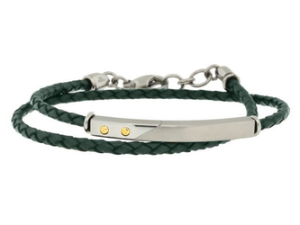 Bracciale in acciaio e cuoio intrecciato verde con piastra e oro 18kt