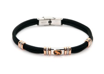 Stainless steel bracelet and black nautical rope with central in enameled bronze zodiac sign AQUARIUS