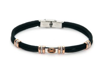 Stainless steel bracelet and black nautical rope with central in enameled bronze zodiac sign CANCER
