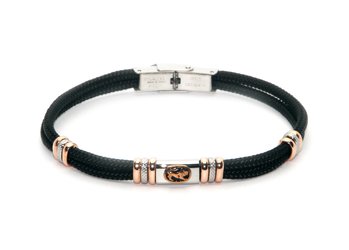 Stainless steel bracelet and black nautical rope with central in enameled bronze zodiac sign LION