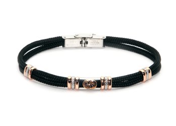 Stainless steel bracelet and black nautical rope with central in enameled bronze zodiac sign PISCES
