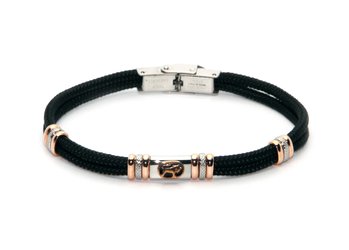 Stainless steel bracelet and black nautical rope with central in enameled bronze zodiac sign TAURUS