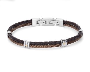 Stainless steel bracelet with brown PVD cable and leather with 18Kt gold screws (gr 0.04)