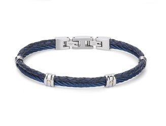 Stainless steel bracelet with blue PVD cable and leather with 18Kt gold screws (gr 0.04)