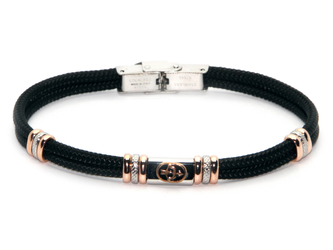 Bracciale in acciaio e corda nautica nera con targa centrale segno zodiacale SAGITTARIO